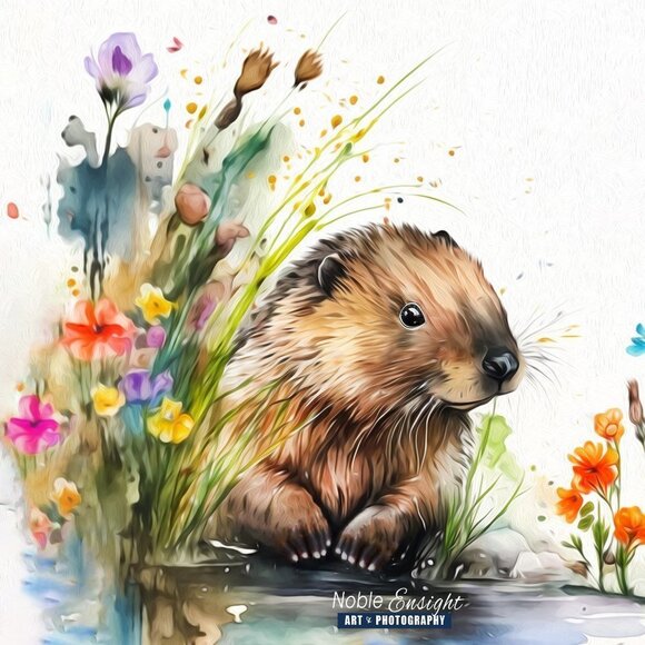 16x20 Beaver in Pond with Flowers Watercolor Oil‎ Painting Wall Art Print - Picture 3 of 5